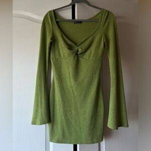 Green flared sleeve body con dress